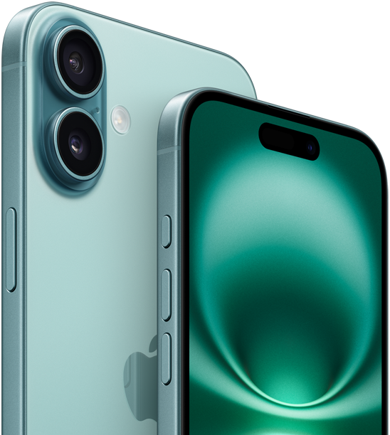 iPhone 16 Plus and iPhone 16, Action button, volume buttons, Side button and Camera Control, front exterior all-screen design, Dynamic Island centered near top, back exterior, Teal finish, raised Advanced dual-camera system in top left corner, Apple logo in centre